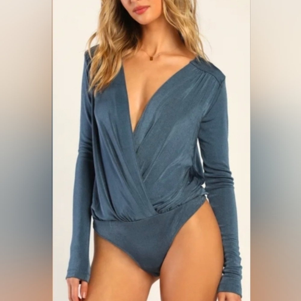 Intimately Free People Turnt Surplice Long Sleeve Bodysuit Sz SM Blue Metal Chic